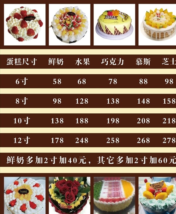 蛋糕價(jià)目表