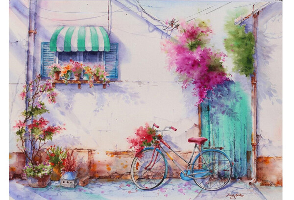 水彩街道花朵绘画