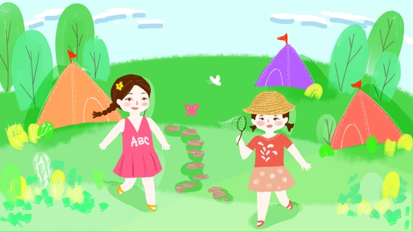 夏令营童年乐趣暑期欢乐手绘原创插画