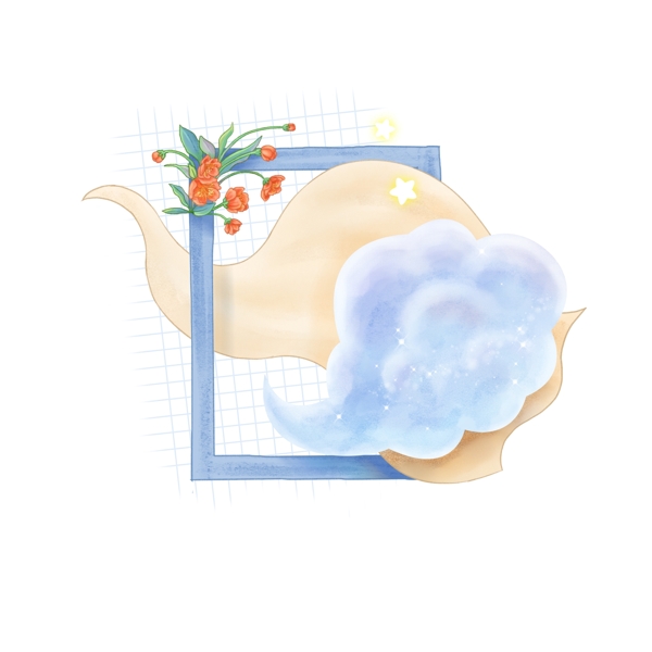 手绘水彩小清新云朵垂丝海棠植物丝带画框