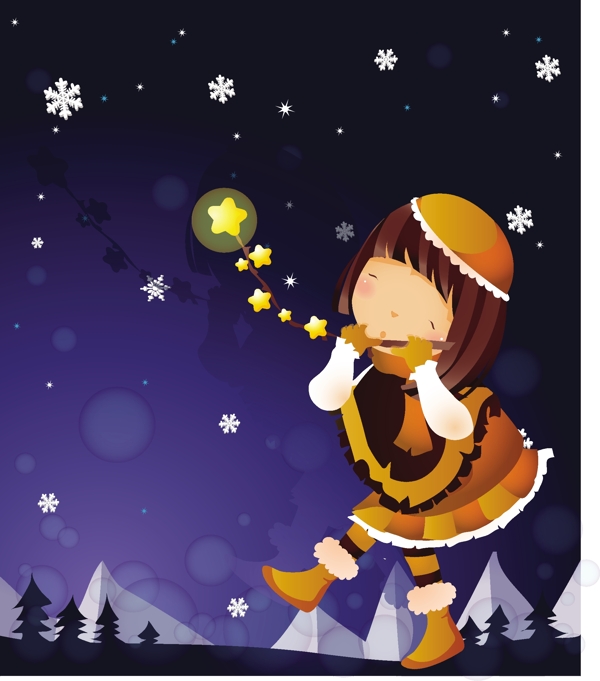 卡通雪夜女孩矢量素材