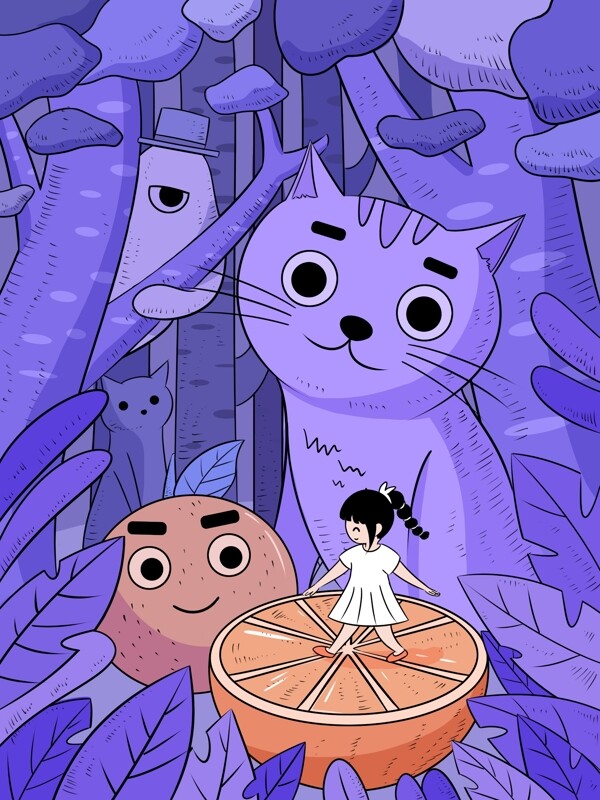 紫色梦境童年幻想森林女孩水果与妖精们
