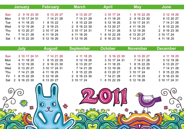 2011年可爱手绘日历矢量素材