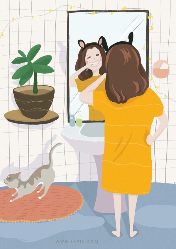 早安女孩扁平清新原創(chuàng)插畫morning