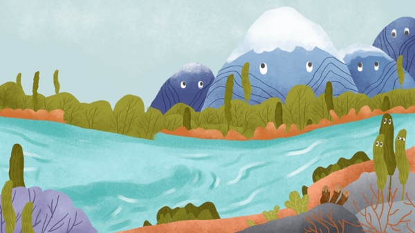 山物记抽象童话风山怪树木和河流背景图