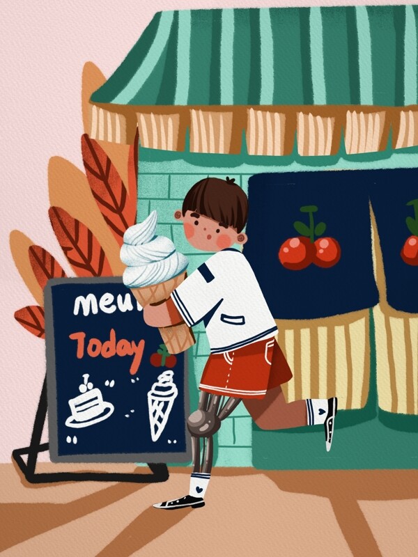 国际残疾人日男孩在冰淇淋店打工可爱插画