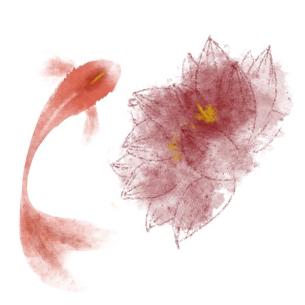 水彩风格手绘锦鲤线稿红色莲花