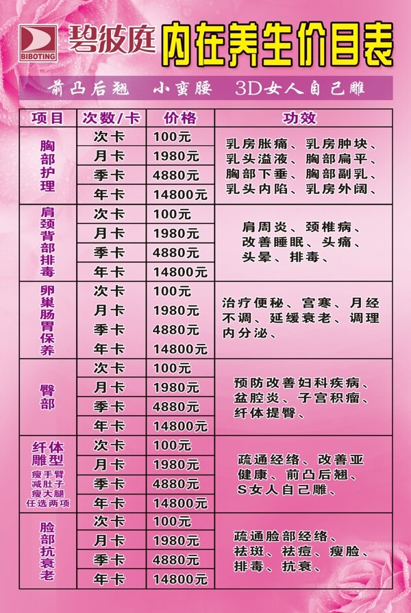 美容價(jià)目表