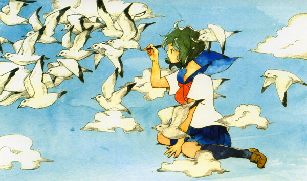 卡通女孩与海鸥图片