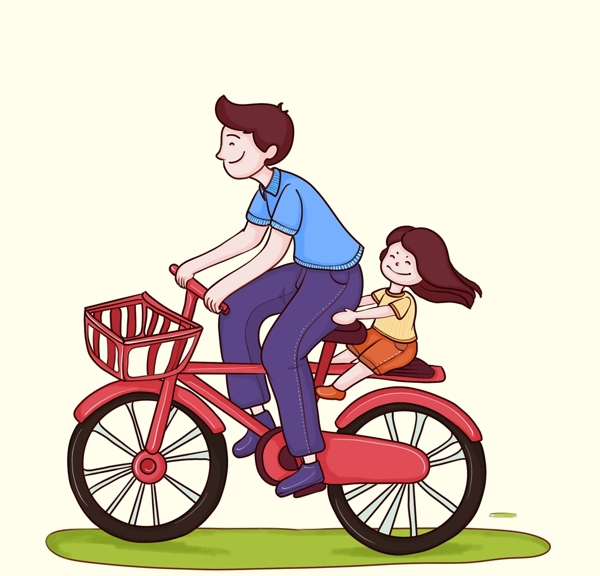 骑自行车的父女人物手绘插画