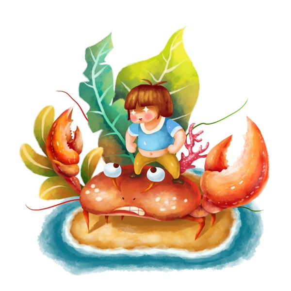 可商用卡通手绘可爱胖胖儿童想吃螃蟹