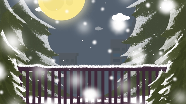 手繪冬季圓月雪景背景設(shè)計