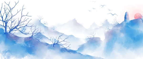 中国风手绘水墨风景山水画