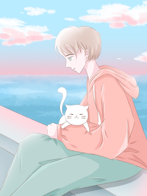 日漫风日常场景插画抱着小猫坐在桥边的男孩