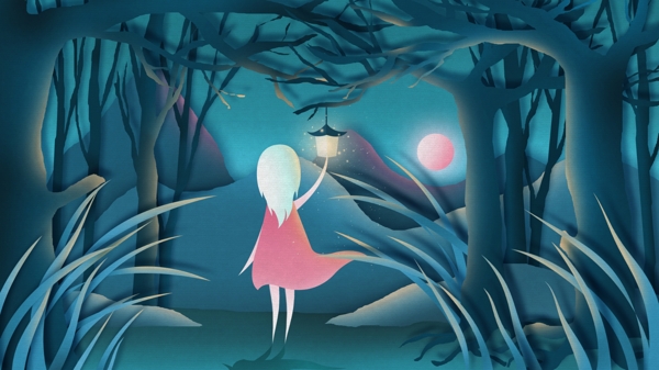 剪纸风插画深夜树林里挂灯笼的小女孩