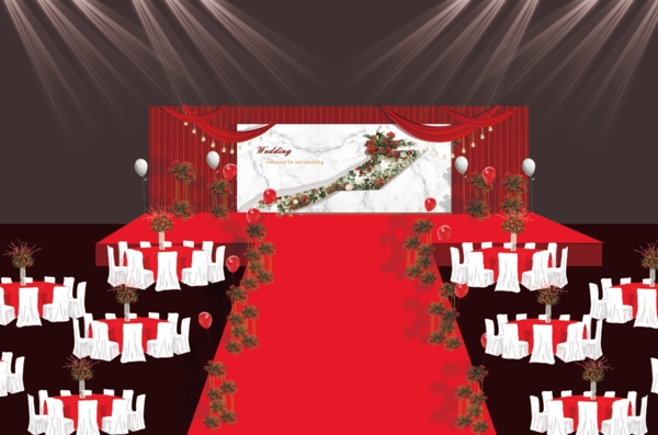 大红色大理石裂纹主题婚礼舞台仪式区效果图