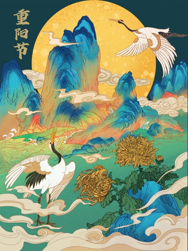 中国风仙鹤菊花插画图片