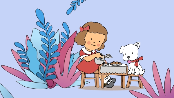 萌宠系列小女孩和她的宠物狗狗矢量插画