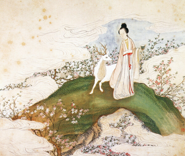 桃林仕女伴鹿圖圖片