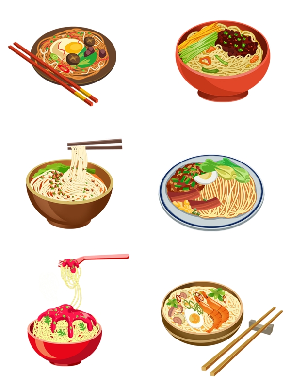 美食面条碗筷子炸酱海鲜矢量手绘卡通设计