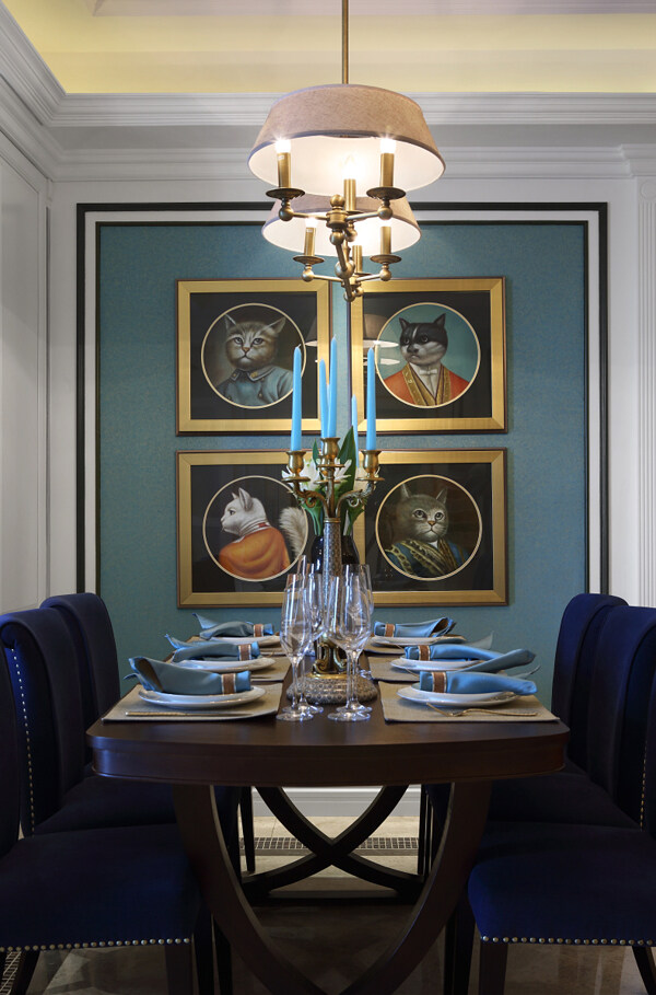 简约风室内设计餐厅蓝色餐桌凳效果图