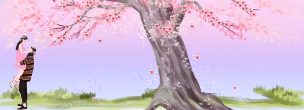 樱花树下约会的浪漫情侣
