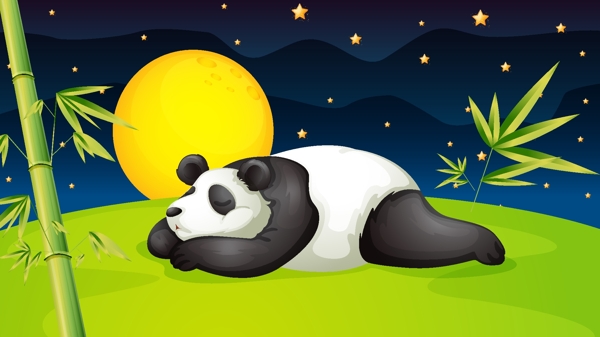 晚安你好星空下草地上熟睡的熊猫矢量插画