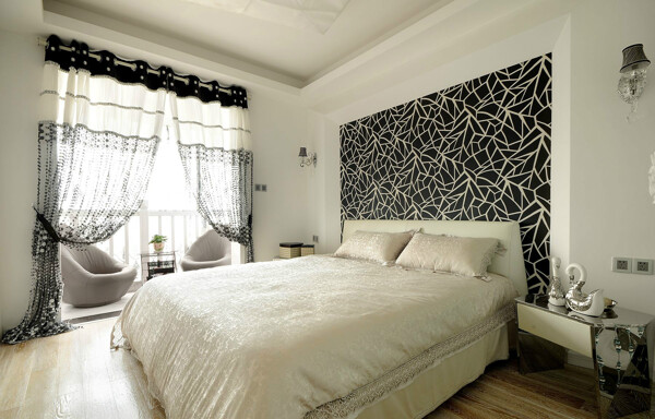 中式浪漫简约黑色卧室壁纸墙效果图