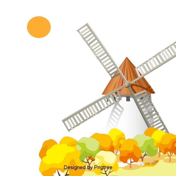 美丽多彩的卡通可爱的手绘秋天金色森林风车