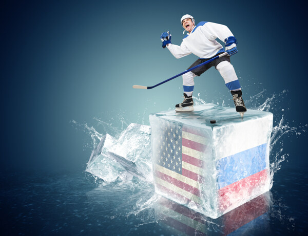带国旗图案的冰块上的冰球运动员图片