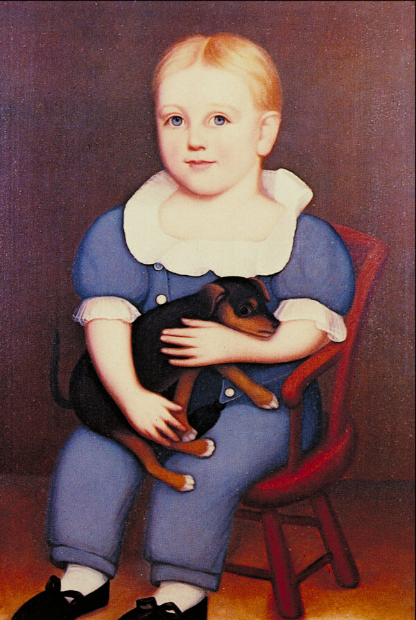 油画抱着小狗的小男孩图片