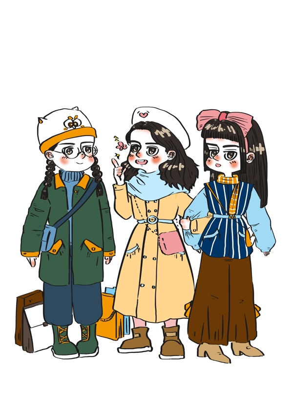 冬天也要逛街购物闺蜜三人卡通人物
