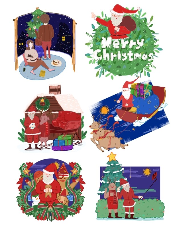 手绘圣诞场景圣诞老人设计元素合集