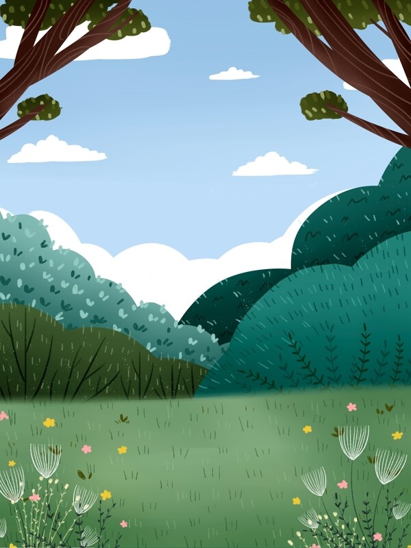卡通绿色树林风景插画背景