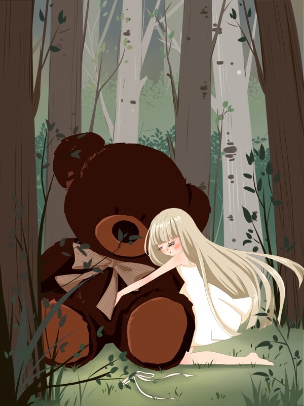 国际儿童节陪伴树林里女孩与泰迪熊治愈插画