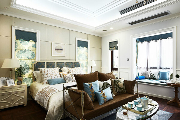 现代时尚卧室蓝绿色餐具室内装修效果图