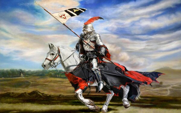 欧洲中世纪骑士骑马飞奔油画大图
