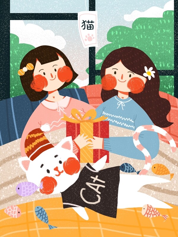 貓之日女孩與貓可愛簡約扁平原創(chuàng)插畫