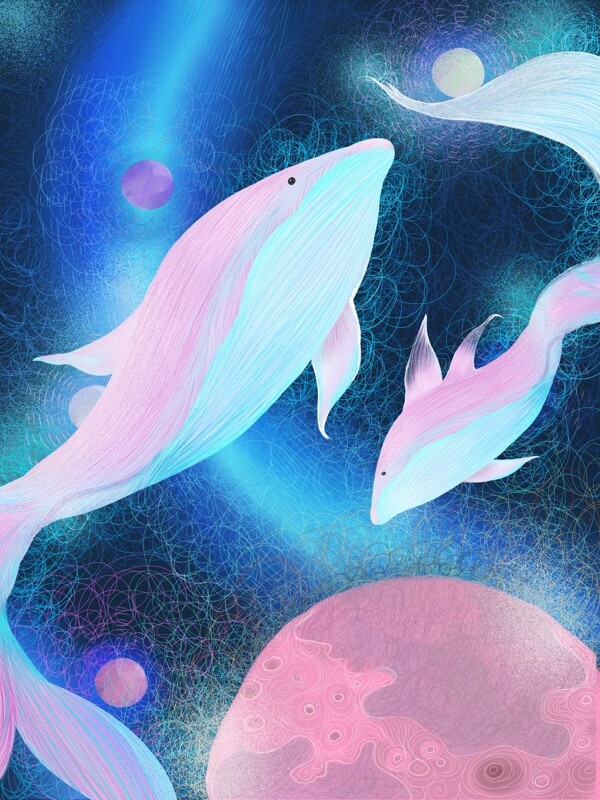 星空鲸鱼梦幻星球线圈治愈插画