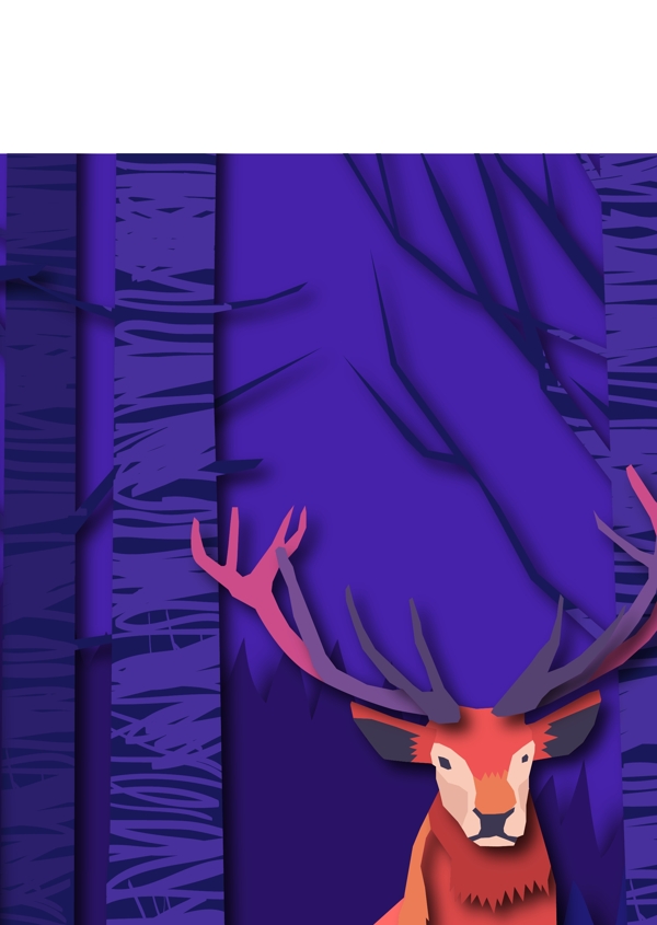 森林与鹿剪纸风格插画