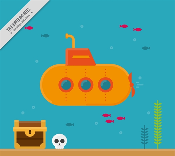 创意海底探险的潜水艇和宝藏