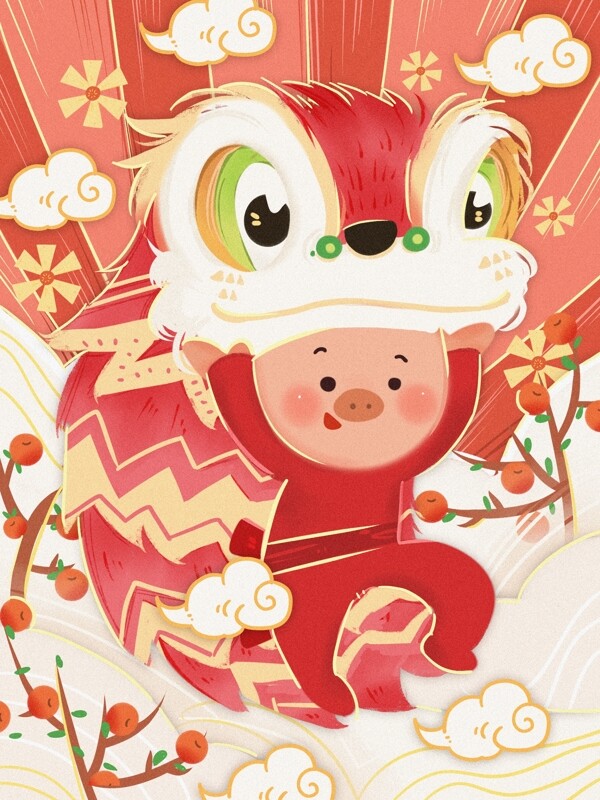 舞狮子猪年快乐春节节庆红色元旦跨年