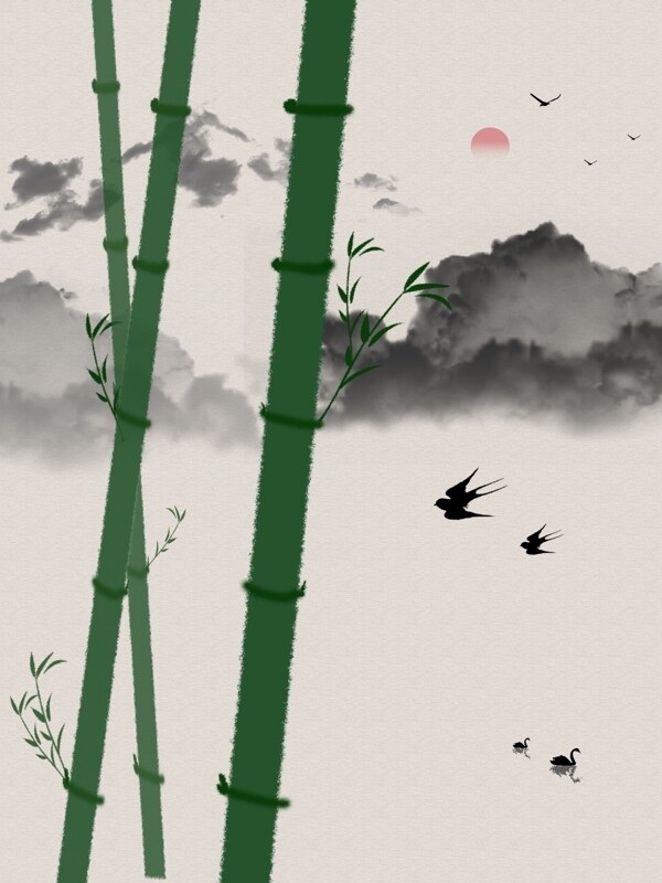 新中式翠竹燕子抽象水墨山水画
