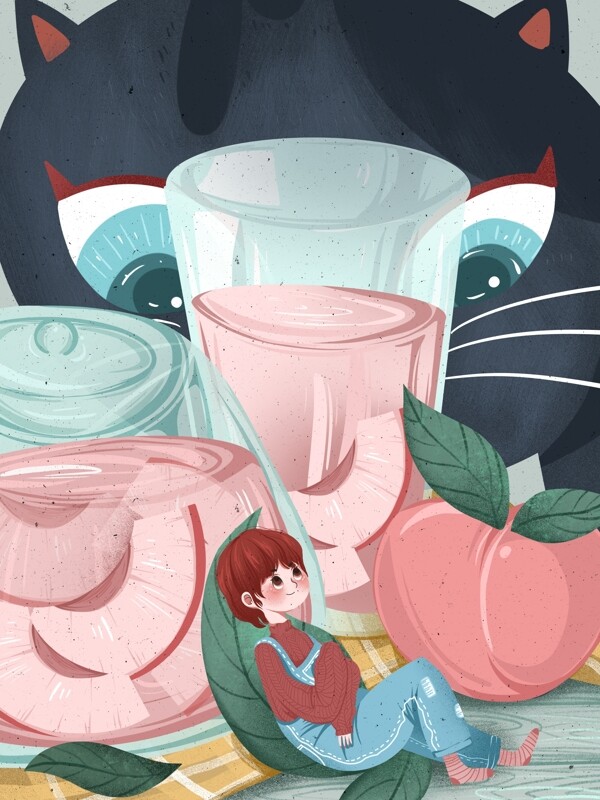 创意水果插画蜜桃茶女孩可爱插画