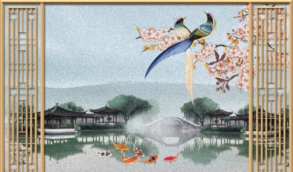 中式山水风景花鸟背景墙