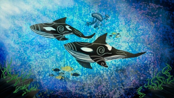 海蓝时见鲸海底虎鲸奇幻水世界原创插画