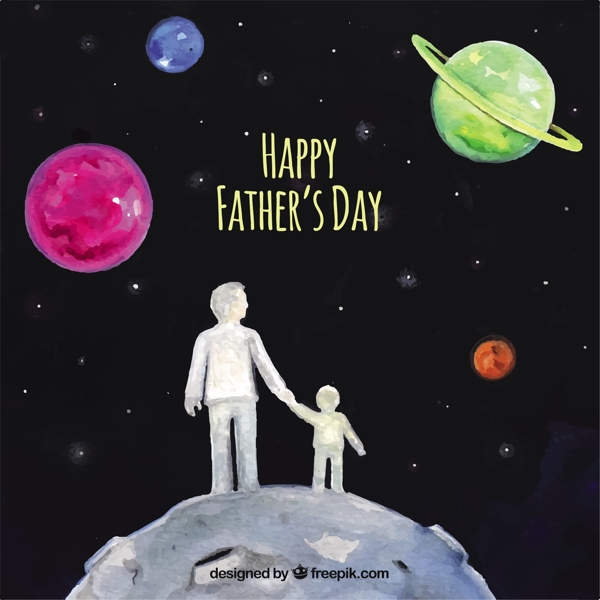 水彩画背景的父亲与儿子在太空