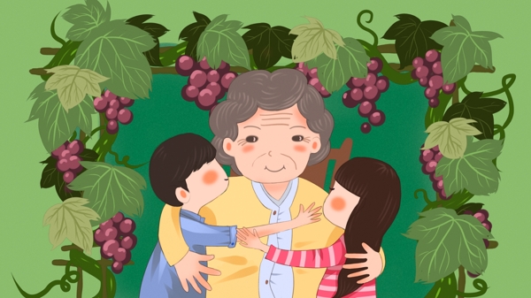 葡萄架下陪伴奶奶的小男孩和小女孩原创插画
