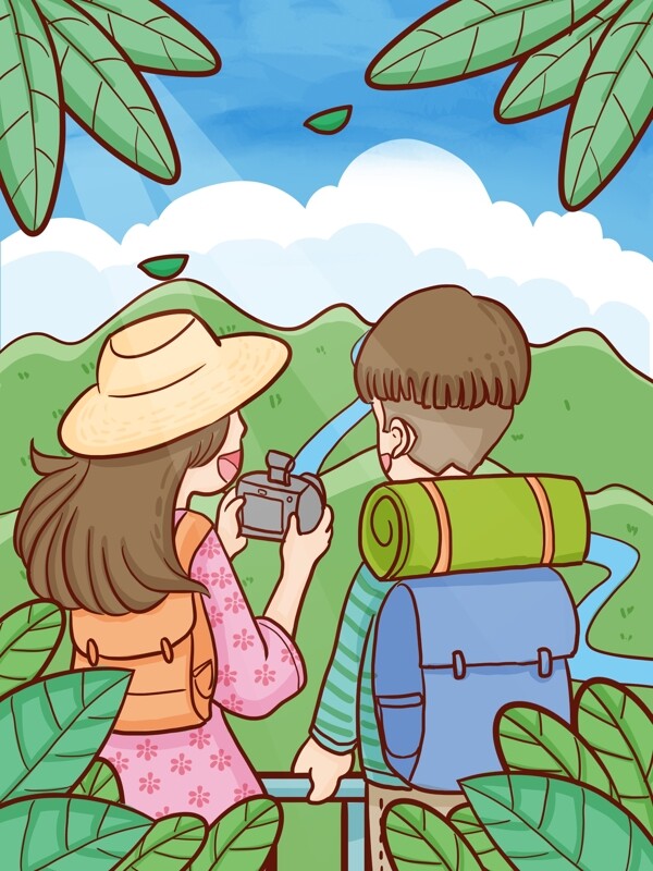 旅游季节男孩和女孩在山上观看山景拍照留念