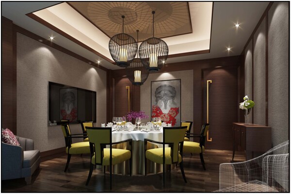现代时尚餐厅黄色椅子室内装修效果图